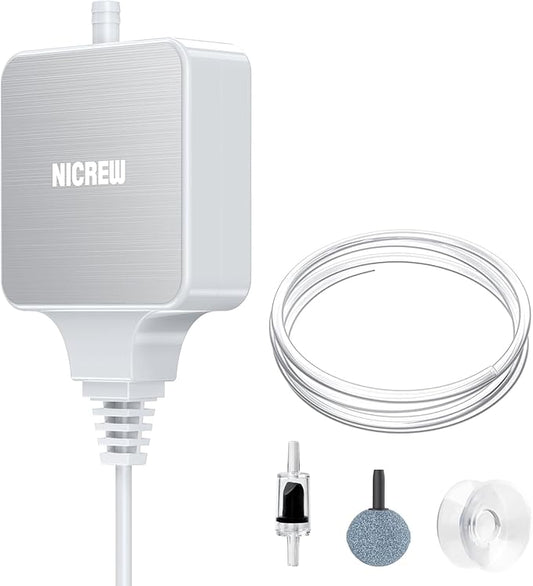 NICREW Nano Silent Aquarium Air Pump White, Aquarium Aerator with Accessories for Up to 10 Gallon Fish Tank, Super Quiet, 0.3 L/min, 1.5 Watts