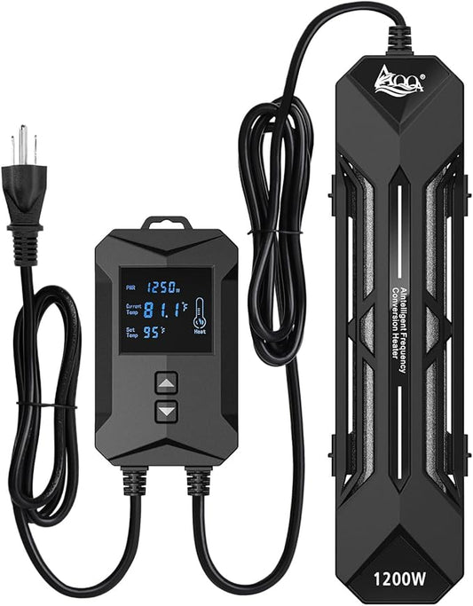 AQQA Aquarium Heater,64-95°F Fast Heating Double Quartz Glass Tube Fish Tank Heater,High-definition LCD Controller Displays Real-time Power,Anti-dry and Over-temperature Protection (1200W 210-330 Gal)