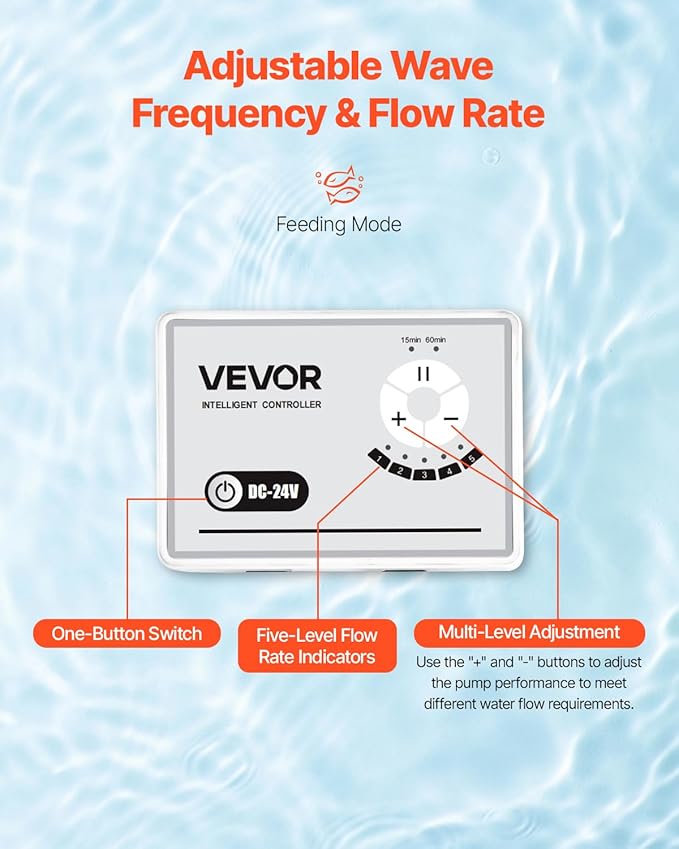 VEVOR Aquarium 24V DC Water Pump, 60W, 1750 GPH Marine Wavemaker Return Pump with Controller, Adjustable Flow, Feed Mode, 16 ft Maximum Lift, for Saltwater Freshwater Fish Tank Sump Pond Circulation