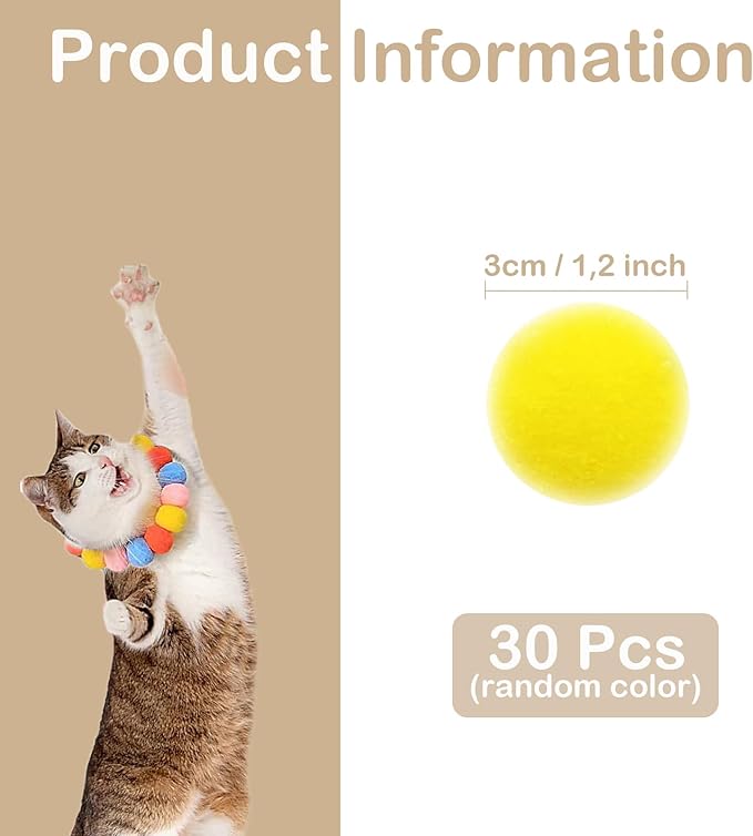 Cat Toy Balls, 30Pcs Premium Soft Pom Pom Balls for Kittens, 1,2'' Funny Interactive Cat Pompom Toys for Bored Indoor Cats Playing Plush Balls for Craft DIY Decorations,Cute Kitten Kitty Toys.