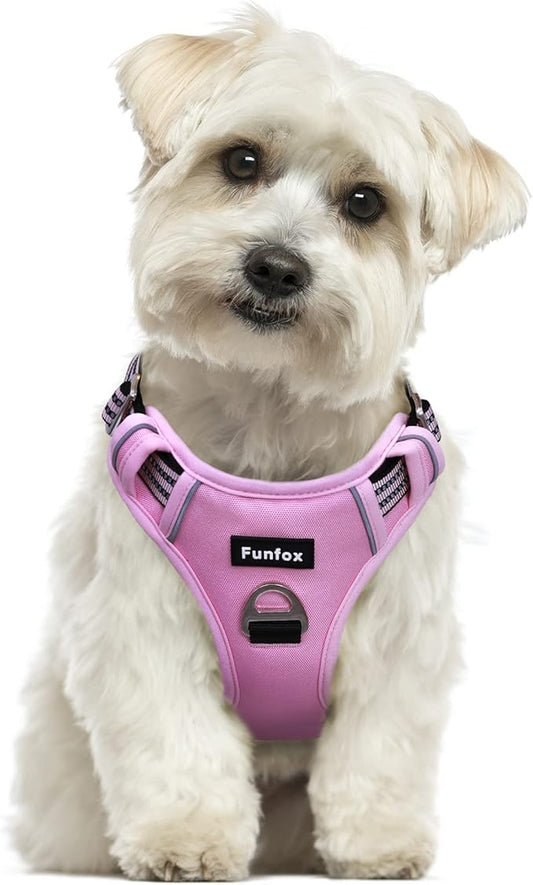 Funfox Dog Harness No Pull, Adjustable Pet Vest Harness, Super Soft Material with Vertical Handle Easy Control, Reflective Night Walking, 2 Leash Clips for Small Sized Dogs, Pink, S