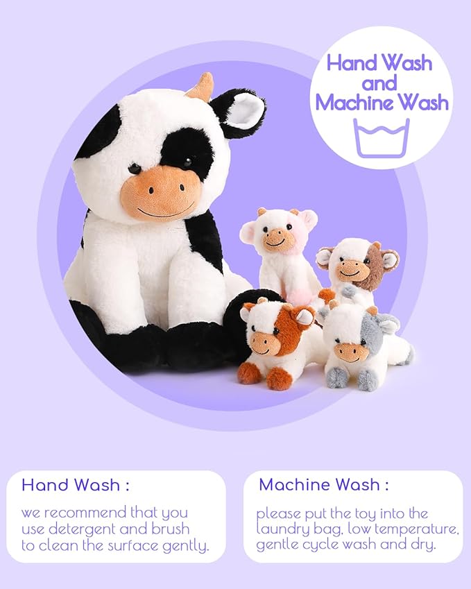 5 Pieces Cow Stuffed Animals for Boys Girls, 1 Mommy Cow with 4 Babies Soft Plush Toy Set Gifts for Kids Children 3 4 5 6 7 8 9 Years, Christmas, Birthday, Party Decorations