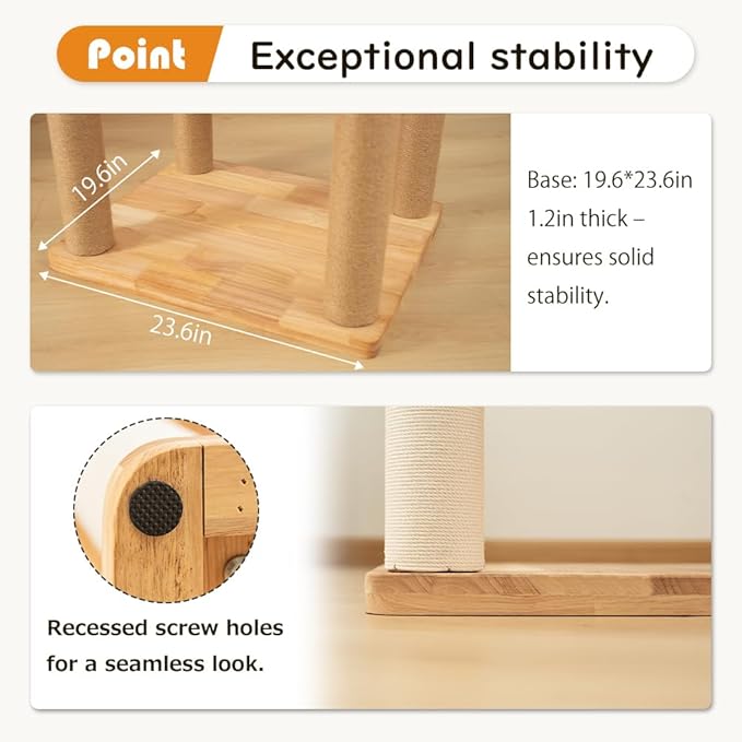 74.8" Wooden Cat Tree Tower for Large Cats, Multi-Level Cat Climbing Furniture with Scratching Posts, Cat Condo & Hammock, Natural Wood Cat Activity Center (White)