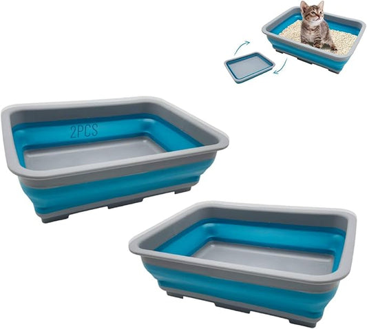 Fhiny 2PCS Open Cat Litter Box, Kitten Potty Pan Semi-Enclosed Foldable Waterproof Travel Toilet Low Entrance for Indoor Cats Small Pet Kitty Rabbit Supplies Easy to Clean and Assemble