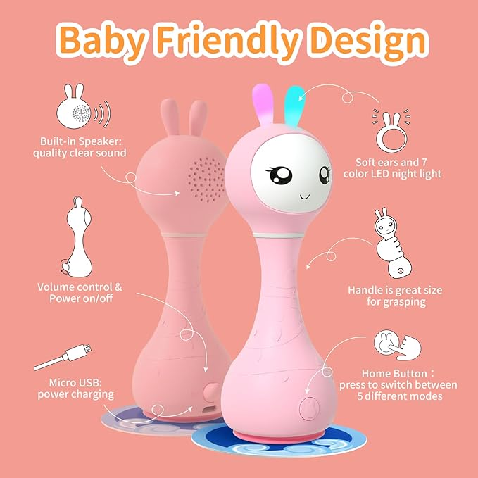 alilo Smarty Bunny Baby Rattle Musical Light Up Toys, Infants Newborns Baby Toys 0-3-6-12-18-24 Months,1 Year Old Boy Girl Gifts, 4 Music Modes and Color Recognition Function with 9 Color Card