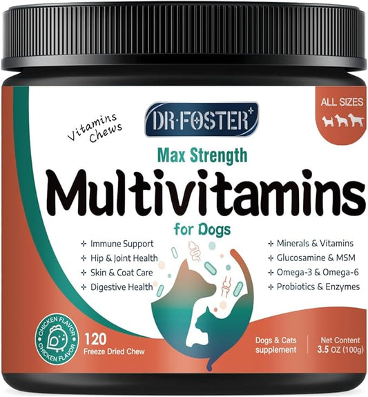 Dog Multivitamin with Glucosamine, Omega 3, Minerals, Probiotics and Enzymes, Dog Vitamins and Supplements for Joint, Skin & Coat Care, Digestive and Immune Health, Chicken Flavor - 120 Chews