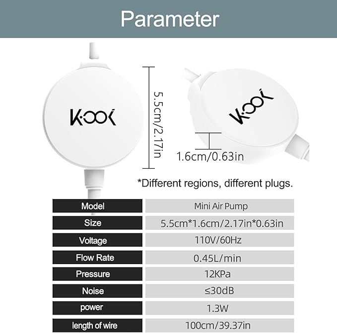 Mini Air Pump for Aquarium, Quiet Air Bubbler with Air Stone Air Tubing Clip, Oxygen Aerator for 1-15 Gallon Fish Tank, 1.3 Watt, 450 ML/min