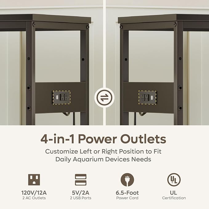 Bestier 20-29 Gallon Fish Tank Stand with Power Outlets, Metal Long Aquarium Stand with Storage Cabinet, 31x15 Reptile Terrarium Stand with Horizontal Gold Line, Stainless Hooks, 350 Lbs(Black)