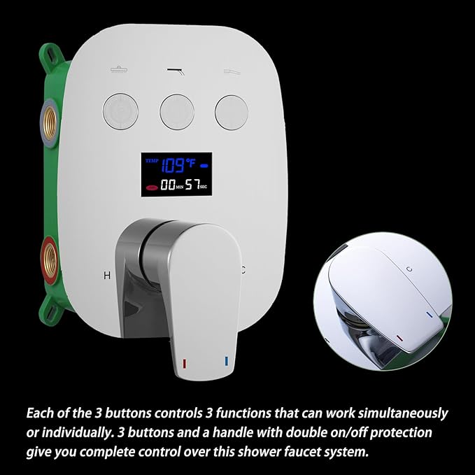 Digital Display Chrome Shower System with 12 inch Ceiling Mounted Shower Head and 8 inch Wall Mounted Shower Head, with Handheld Shower