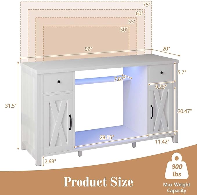 75 Gallon Fish Tank Stand with LED Light & Power Outlets, 55-75 Gallon Aquarium Stand with 2 Drawers & 2 Barn Doors, 52" L x 20" W Cabinet for 2 Fish Tank Accessories Storage, Turtle Tank, White