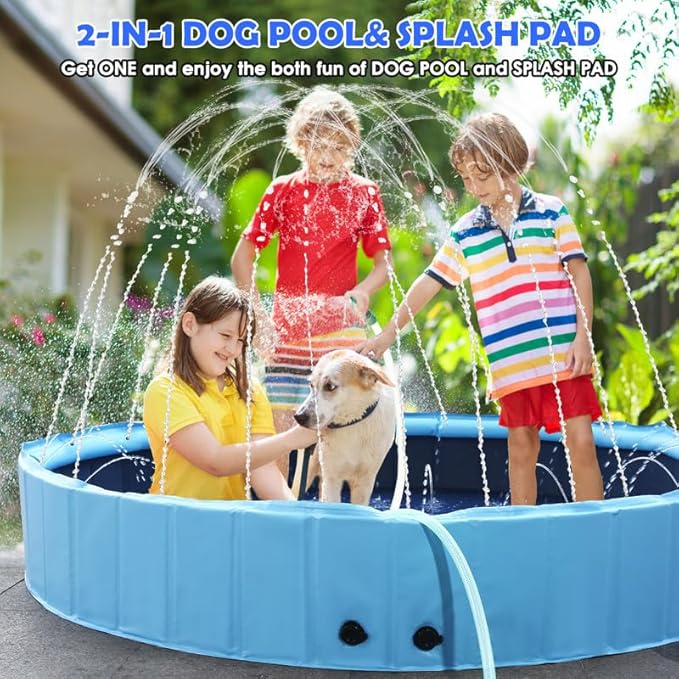 71" Large Dog Pool with Sprinkler, 2-in-1 Foldable Swimming Pool Non-Slip Hard Plastic Splash Sprinkler Kiddie Pool for Outdoor Backyard Kids Dogs Ducks and Pet Baths