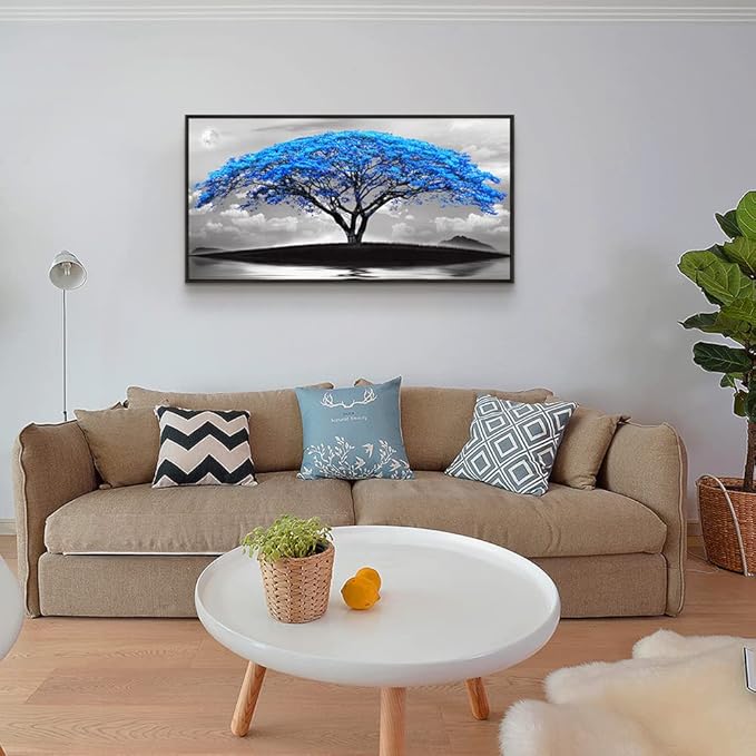 Framed Canvas Wall Art For Office Large Size Living Room Wall Decor Bedroom Decor Wall Pictures Artwork Black And White Landscape Blue Tree Moon Wall Painting Home Decorations Black Frame 24" X 48"