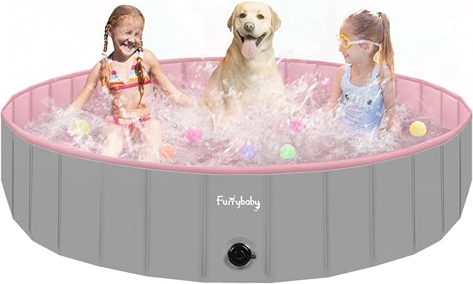 Furrybaby Dog Pool, Foldable Dog Pools for Large Dogs Portable Kiddie Pool Pet Doggie Wading Swimming (Pink 63'') Indoor and Outdoor