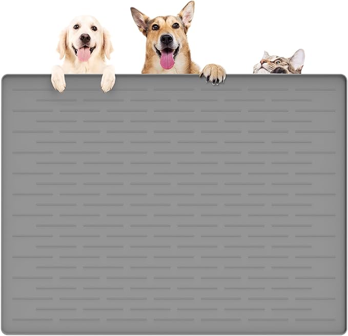39.4"x29.5" Large Pet Food Mat, Silicone Dog Mats for Food and Water, Nonslip Pet Feeding Mats for Floors,Dog Cat Bowl Mat with Raised Edges, Light Gray