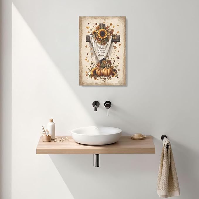 Christian Fall Wall Art Autumn Rustic Cross Sunflower Pumpkin Wall Decor Fall for Jesus He Never Leaves Pictures Painting Print Framed Artwork Decorations Gifts for Living Room Bedroom Prayer Room Office 16"x24"