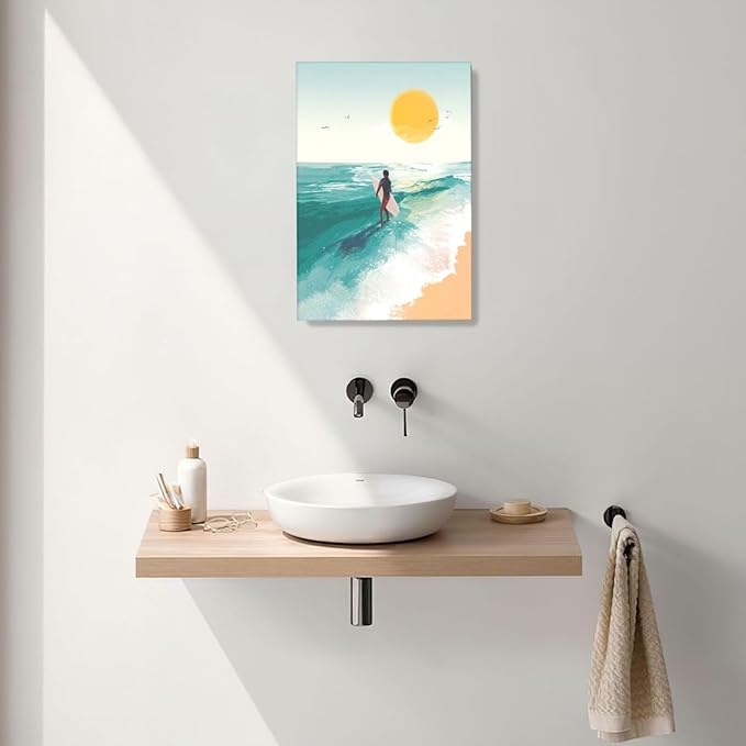 Beach Surfing Wall Art Ocean Coastal Wave Canvas Wall Decor Summer Nature Seascape Pictures Painting Print Framed Artwork Decorations for Bathroom Living Room Office Bedroom 16"x24"