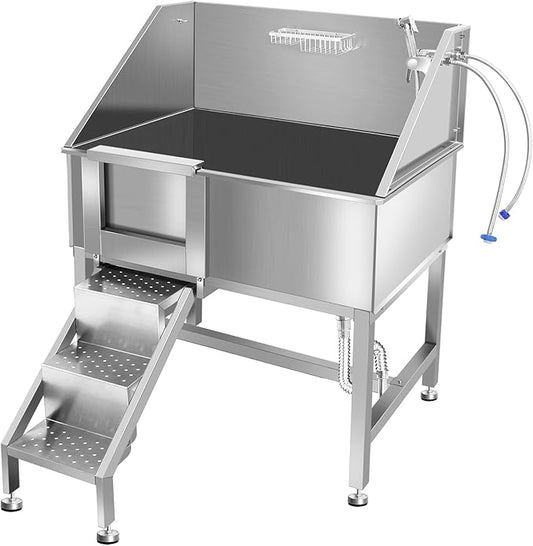 38" Pet Dog Bathing Station W/Ramp, Professional Stainless Steel Dog Grooming Tub W/Floor Grate, Faucet, Dog Bathtub for Large,Medium, Small Pets, Washing Sink for Home,L-RAMP