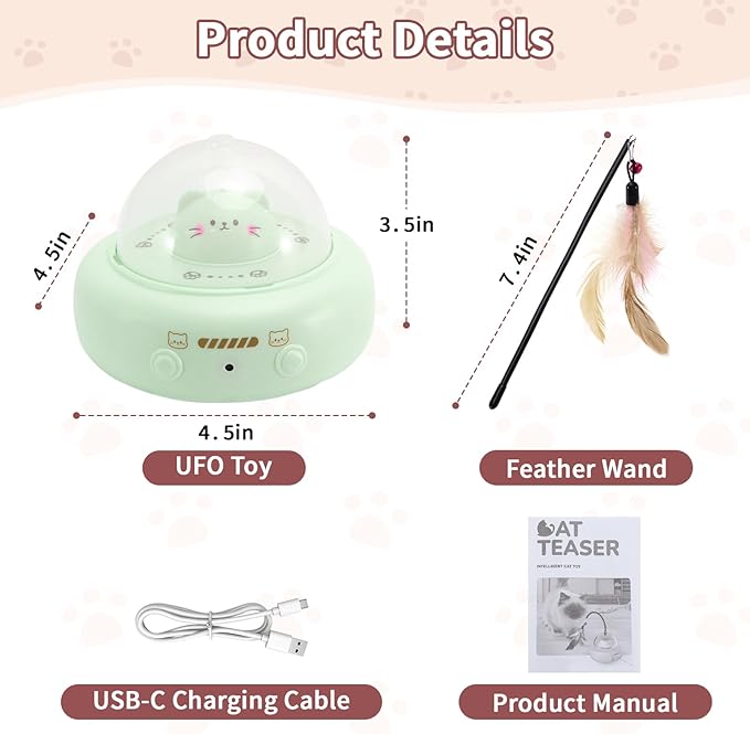 Automatic Cat Toys with Feathers, Interactive Cat Toy for Indoor Exercise, Rechargeable Teasing Toys for Indoor Cats, USB Powered, Smart Standby&Obstacle Avoidance(Green)