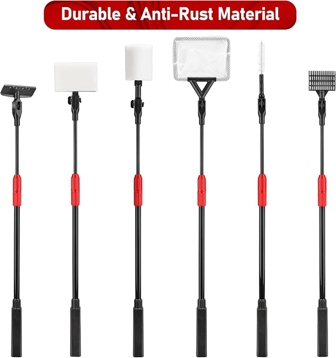 6 in 1 Aquarium Cleaning Tool Kit Fish Tank Algae Scraper, Sponge Pad, Fish Net, Gravel Rake and Cleaning Brush with Telescopic Long Handle