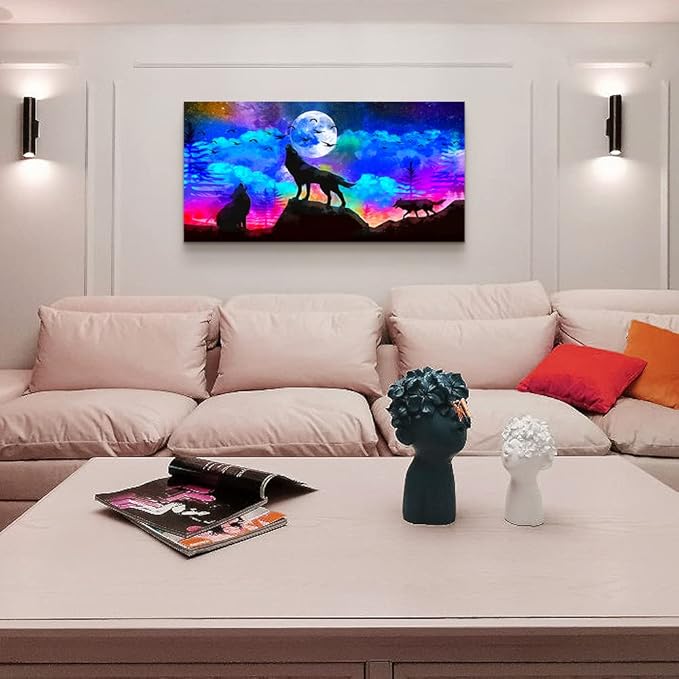 Canvas Wall Art For Living Room Family Wall Decor For Bedroom Modern Office Decorations Animal Wolf Wall Pictures Artwork Blue Starry Sky Scenery Painting Room Canvas Art Prints Home Decor 20" X 40"