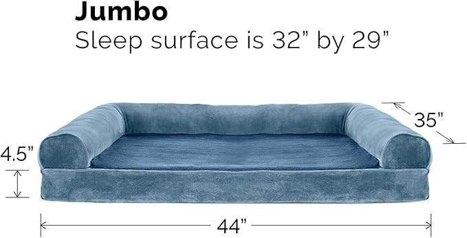 Furhaven Orthopedic Dog Bed for Large Dogs w/ Removable Bolsters & Washable Cover, For Dogs Up to 95 lbs - Faux Fur & Velvet Sofa - Harbor Blue, Jumbo/XL