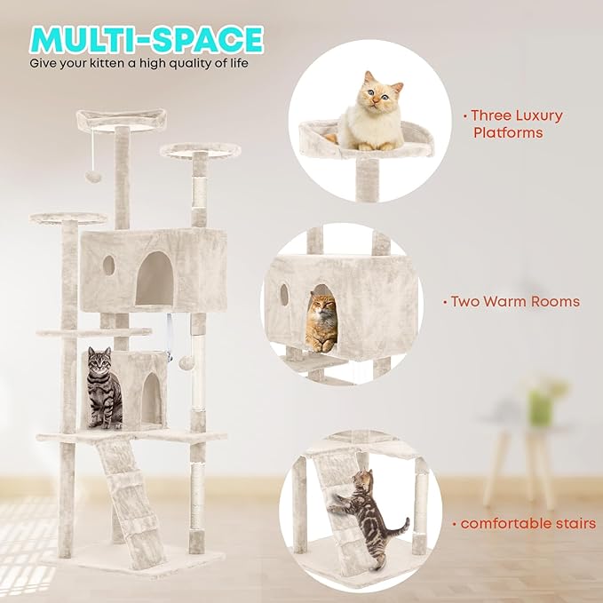 FDW Cat Tree 70in Cat Tower Multi-Level Durable Cat Scratching Post & Cozy Fun Cat Jumping Platform Space Saving Cat Condo Pet Play House for Indoor Cats,Beige