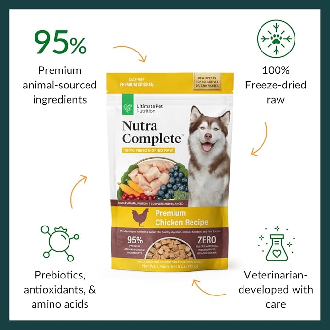 ULTIMATE PET NUTRITION Nutra Complete Freeze Dried Raw Dog Food, Veterinarian Formulated with Antioxidants, Prebiotics & Amino Acids (5 Ounce, Chicken)