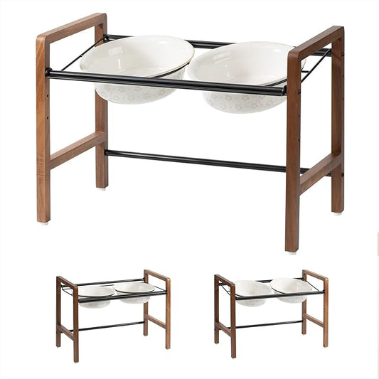 8.7inch Ceramic Adjustable Raised Double Bowls Set with Stand, 3 Heights Elevated, 2 Placement Options, Food and Water Dishes for Large Dog(Double Bowls+Stand, Reactived Glaze -White)