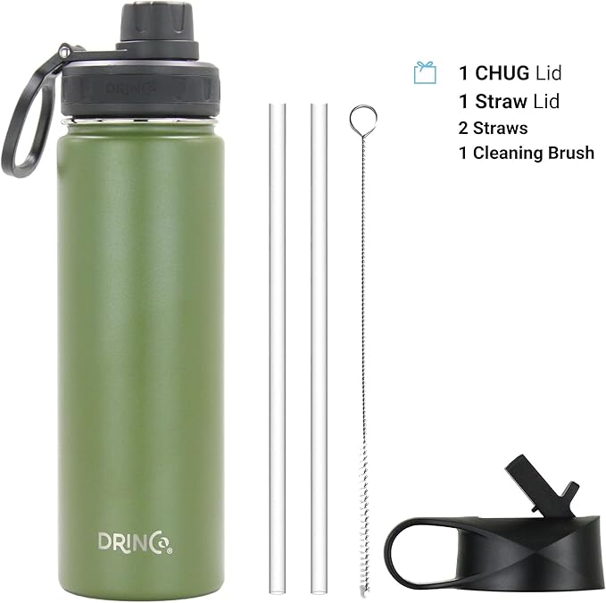 Drinco Stainless Steel Water Bottle Spout Lid Vacuum Insulated Double Wall Water Bottle Wide Mouth (40oz 32oz 22oz 18oz 14oz) Leak Proof Keeps Cold or Hot (22 oz, 22oz Forest)