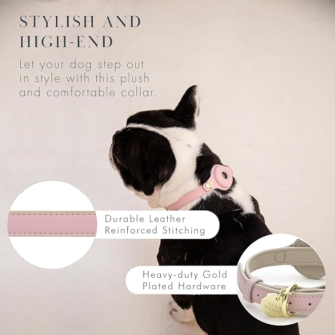 Cupertino Dog Collars, Harnesses & Leashes Made from Vegan Leather with Dog Tracker Device Holder Adjustable Dog Collar (Large, Pink)