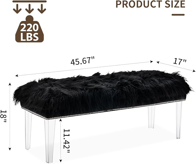 46 Inch Black Bedroom Bench, Benches for Bedroom White Faux Fur Upholstered Bed end Bench, Tufting Bench Indoor Bench with Acrylic Legs for Living Room Bedroom Dining Room Entryway, Black