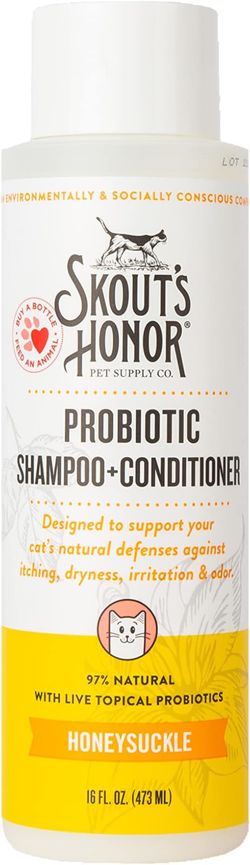 Skout's Honor Probiotic Cat Shampoo & Conditioner with Avocado Oil & Omega-3s, 97% Natural, Paraben & Sulfate-Free, Cruelty-Free, Defend Against Itch, Dryness, Irritation. 16oz, Honeysuckle