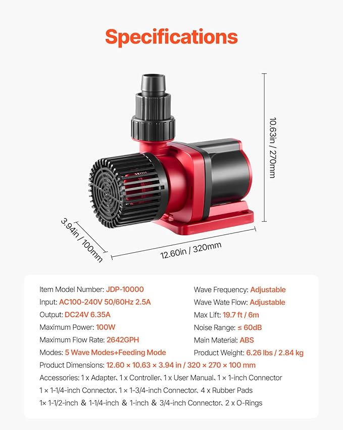 VEVOR Aquarium 24V DC Water Pump, 100W, 2642 GPH Marine Wavemaker Return Pump with Controller, Adjustable Flow, Feed Mode, 19.7 ft Max Lift, for Saltwater Freshwater Fish Tank Sump Pond Circulation