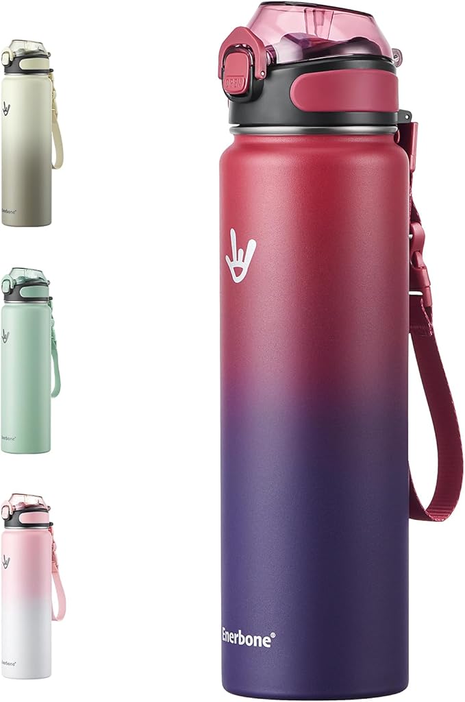 Enerbone 32 oz Insulated Water Bottle, Stainless Steel Bottle with Carrying Strap, Double-Wall Vacuum Insulation Design, Leakproof Sports Bottle with Straw, Keep Drinks Cold or Hot for Hours