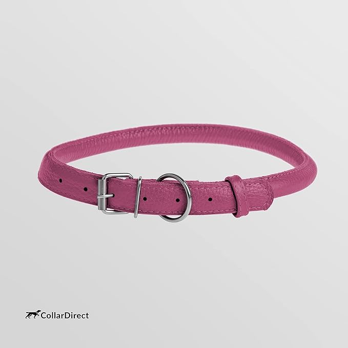 CollarDirect Rolled Leather Dog Collar, Soft Padded Round Puppy Collar, Handmade Genuine Leather Collar Dog Small Large Cat Collars 13 Colors (15-19 Inch, Pink Textured)