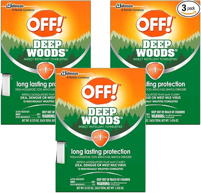 OFF! Deep Woods Insect Repellent Towelettes, Long Lasting Protection from Mosquitoes, Unscented, 12 Count (Pack of 3)
