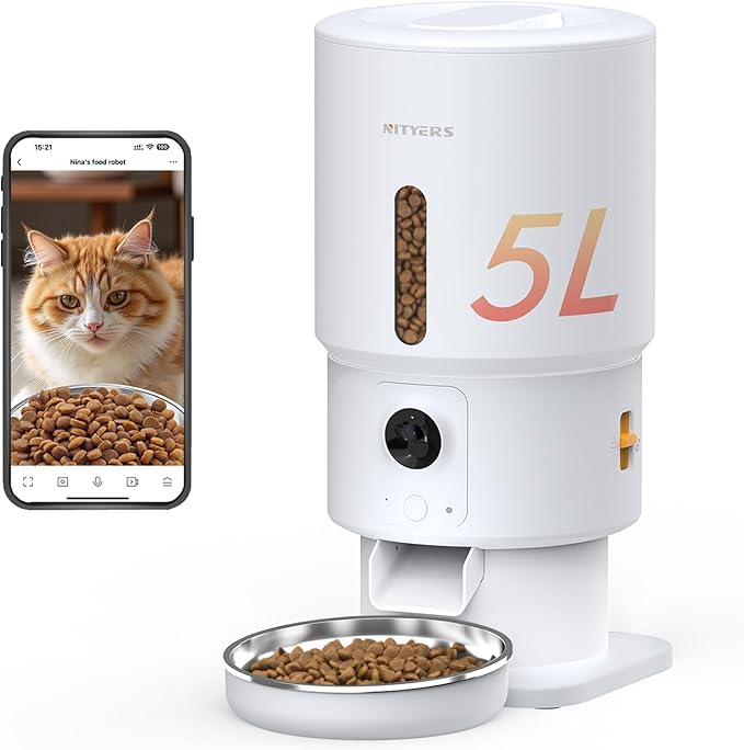 Automatic Cat Feeder with Camera - 5G WiFi Timed Cat Food Dispenser, 1080P HD Video with Night Vision, 1-15 Meals, 1-99 Portions, 2-Way Audio, Keeps Dry Food Fresh, 5L Auto Pet Feeder Also for Dogs