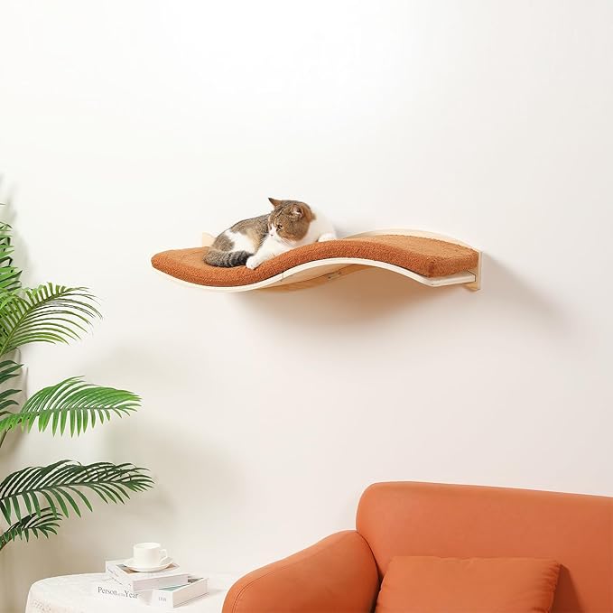 Cat Wall Shelves for Large Cats - Wall Mounted Furniture with Comfortable Cushion, Perfect Perch and Bed for Multi-Cat Households - 35 inch Wavy Shelf for Climbing, Playing, Resting, and Lounging