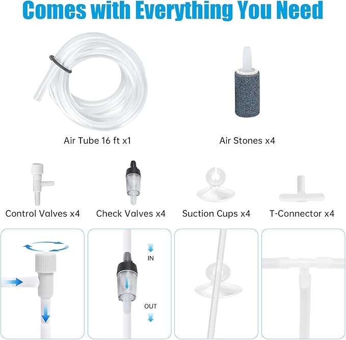 AQUANEAT Aquarium Air Pump 300GPH, for up to 200 Gallon Fish Tank, Powerful Hydroponic Aerator Pump with Tubing, Air Stones, Valves