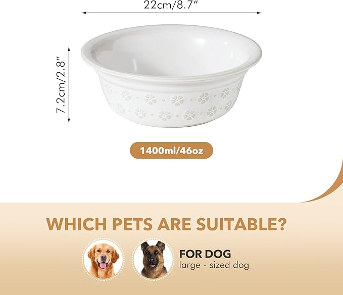Ceramic 8.7inch Dog Bowl for Large Dog, Basic Food and Water Bowl for Replacement, Wide Opening Rounded Edge(Single Bowls, Reactived Glaze -White)