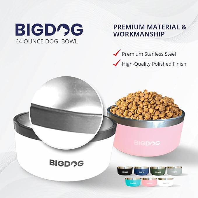 BigDog Dog Bowls, Dog Bowls for Large Dogs, Stainless Steel Dog Bowls, No Spill Dog Bowls, Dog Food and Water Bowl (64 Ounce, Grey)