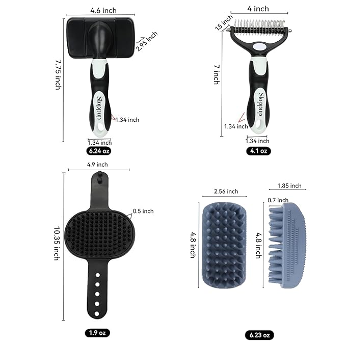 Dog Brush Kit for Grooming Short & Long Haired Dogs & Cats, 4-in-1 Pet Grooming Set with Self-Cleaning Slicker Brush, Deshedding Tool, Shampoo Bath Comb, Massge Comb (White Black)