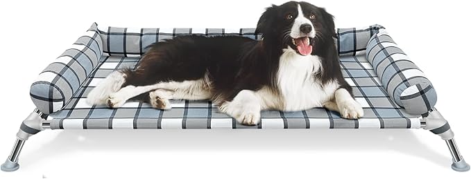 Elevated Raised Dog Bed Cot - Cooling Raised Dog Bed with Bolster Portable Washable Pet Hammock with Pillows & Metal Frame for Indoor & Outdoor, Large