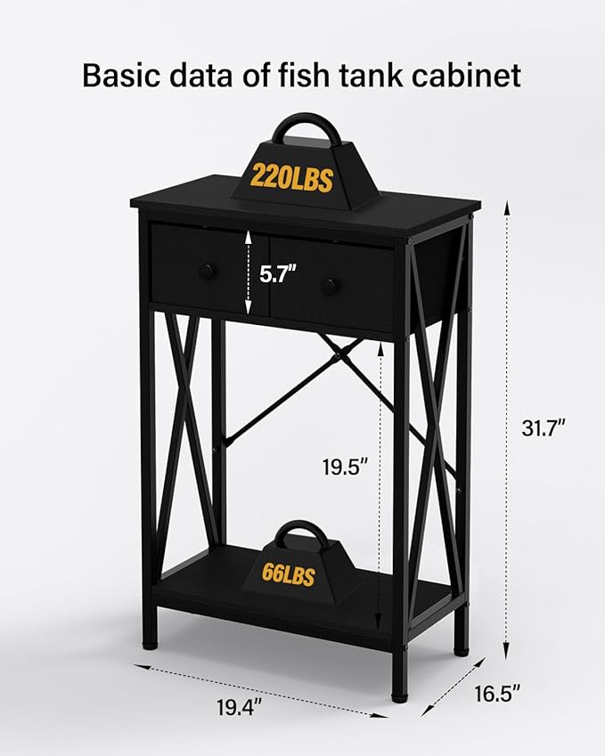 Fish Tank Stand for 5-10 Gallon Fish Tank: Aquarium Stand with Power Outlet - Metal 10 Gallon Tank Stand with Cabinet Drawer Storage for Turtle Tank, Reptile Terrarium (Black, 220LBS Capacity)