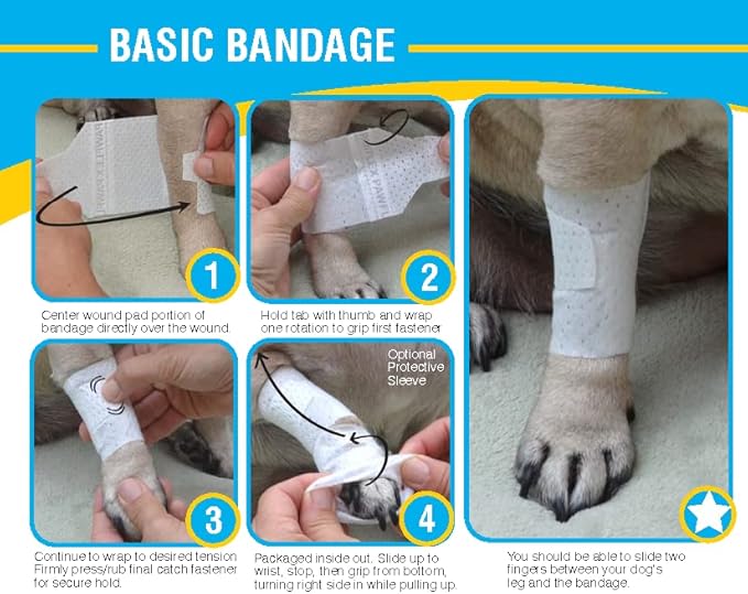 Basic Leg Bandages for Dogs, Cats, Pets -First- aid Non Adhesive Fur Friendly, Soft Stretch Wound Care, hot Spots, Fungus, Adjustable Fastening Strap Value Pack (Small 12-Pack)