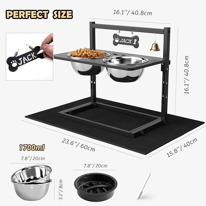 Elevated Dog Bowls with Slow Feeder and Spill Proof Mat, Adjustable Height 4.3-11.8'', Two 1.7L Stainless Steel Food & Water Bowls, Metal Raised Dog Bowl Stand, for Large Medium Breeds