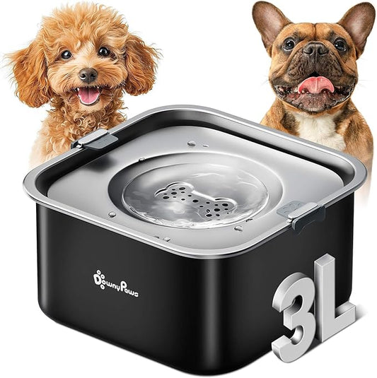 DownyPaws No Spill Water Bowl for Dogs,101oz/3L Slobber Stopper Stainless Steel, Slow Drinking Dog Water Bowl, No Mess Dog Water Dispenser Spill Proof, Dishwasher Safe, Black