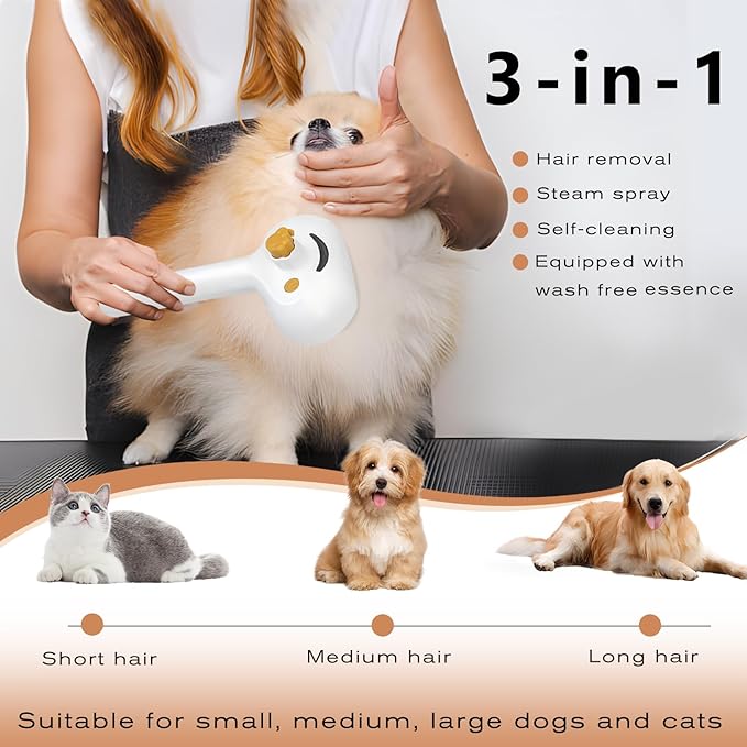 Pet Steam Brush for Dog & Cat – 3-in-1 Spray Hair Removal Comb – Steam for Shedding & Grooming – Water Brush for Long & Short Haired Pets – Spritz Defur Comb