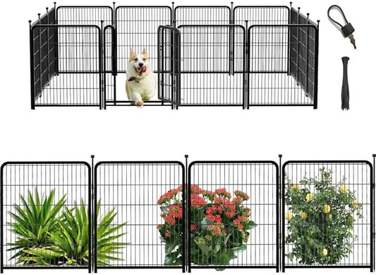 Dog Playpen 48inch 12 Panels, Puppy Playpen Indoors, Dog Fence Outdoor for Yard, Wide Door Low Threshold Garden Fence for Medium/Large Pets. Black Dog Pens Total 26.6 Ft(L)