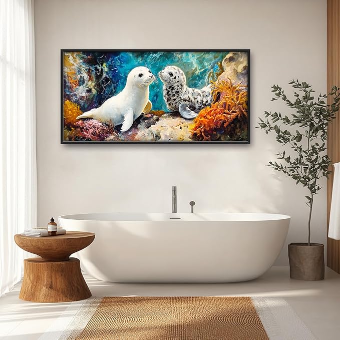 Extra Large Seal Framed Wall Art for Living Room,Oversized Underwater Animal Pictures Wall Decor,Ocean Coral Reef Canvas Print Painting Modern Artwork Bedroom Office Bathroom 60L" x 30W"